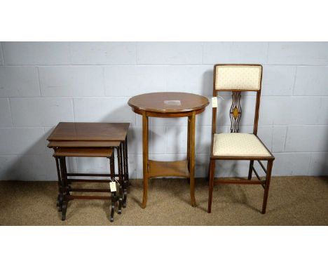 An Edwardian mahogany and satinwood banded two-tier occasional table, 53 x 37 x 71cms high; an Edwardian mahogany bedroom cha