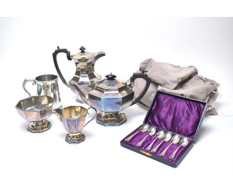 A cased set of silver spoons; together with a silver plated four-piece tea and coffee service; and a pewter tankard, in box.