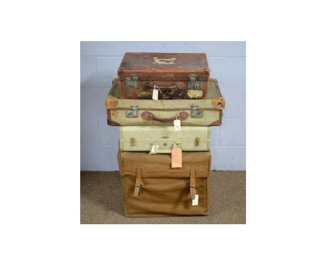 A vintage trunk by Army & Navy Co-operative Stores Ltd., with canvas cover, 51 x 46 x 43cms; and three other vintage cases, v