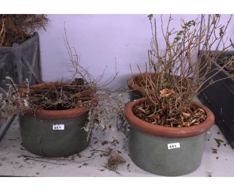 A set of three green-glazed terracotta garden planters, of twin-handled form, 31cms diameter together with a twin-handled gar