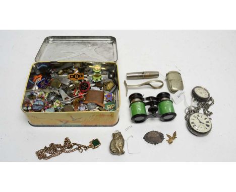 Two silver cased pocket watches; metal vestas; enamel lapel badges for petrol stations and others; silver and other costume j