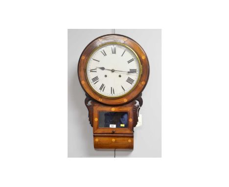 An American walnut and boxwood strung drop dial wall clock, with painted roman dial, 43 x 72cms high.