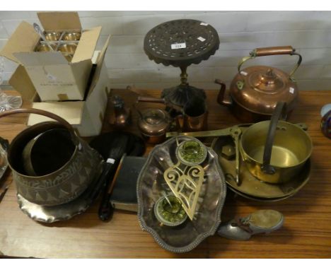 A mixed lot comprising boxed silver plated goblets, copper kettles, iron trivet, small brass jam pan, brass beam scales, Isla