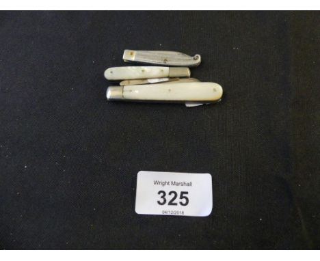 Two silver bladed folding pocket fruit knives, with mother of pearl handles plus one other (3) 