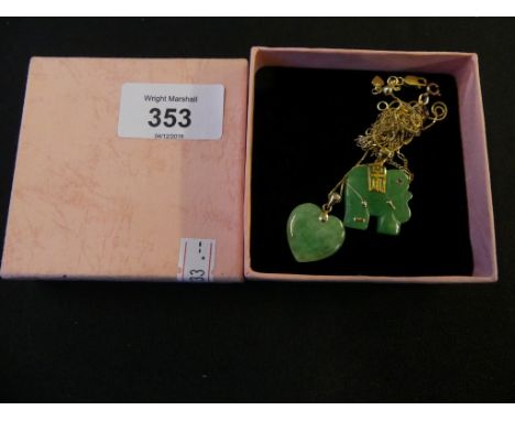 Two dyed jade pendants to include a heart shape and an elephant shape dyed jade pendant, are suspended from a 9ct gold chain 