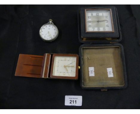 A mixed lot comprising two vintage travel clocks, one marked Jaeger, plus a Limit pocket watch. 