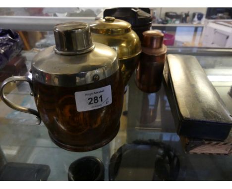 A mixed lot of tea caddies comprising a bakelite example, brass example marked Liptons souvenir from British Empire Exhibitio