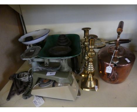 A mixed lot comprising vintage kitchen scales and weights, glass trivet, copper kettle, brass candlesticks, vintage telephone