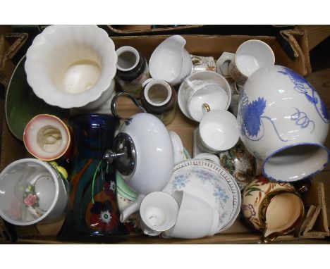 A box containing a quantity of ceramics including Poole Pottery vase, Wade pottery hand painted jug, etc.