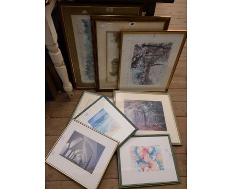 A selection of framed small and medium format decorative coloured prints including a botanical study reprint, woodland landsc