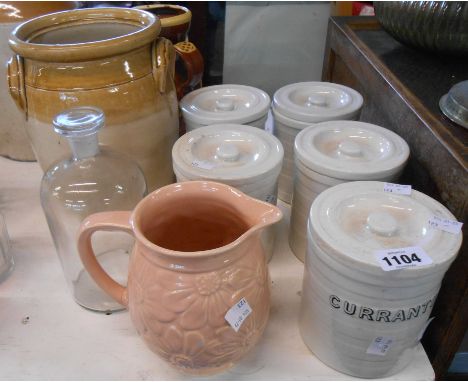 A quantity of ceramics including five early 20th Century Maling pottery storage jars with printed banded and black lettering 