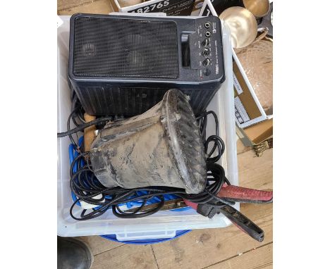 A crate containing a quantity of sound equipment, leads, tools, etc.