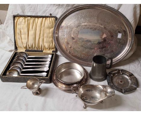 A box containing a quantity of silver plated and other items including cased soup spoons, tray, gravy boat and 1959 RASC 'Ath