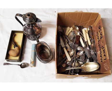 A box containing a quantity of silver plated cutlery and other items - sold with a Dublin silver teaspoon and a silver mounte