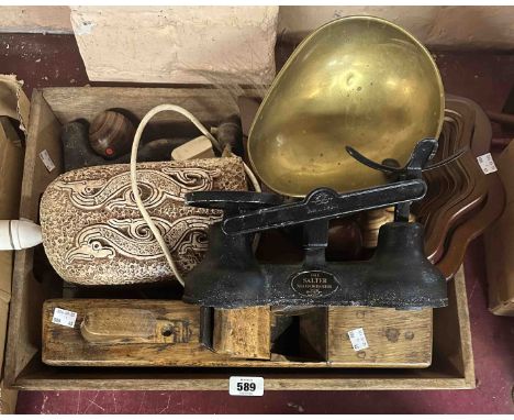 A wooden tray containing assorted collectable items including pottery lamp base, carved wood fruit, set of Salter scales, etc