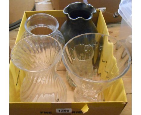 A box containing four glass vases including Dartington and a ceramic similar