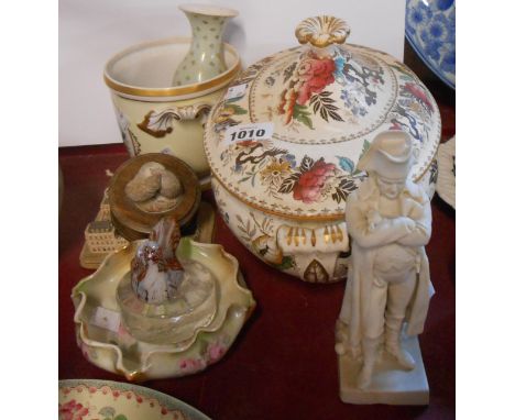 A quantity of ceramics including Portuguese porcelain small hand painted jardinière, Wedgwood soup tureen, Goebel Parian figu