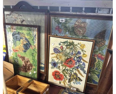Two wooden framed tapestry fire screens - sold with two tapestry pictures
