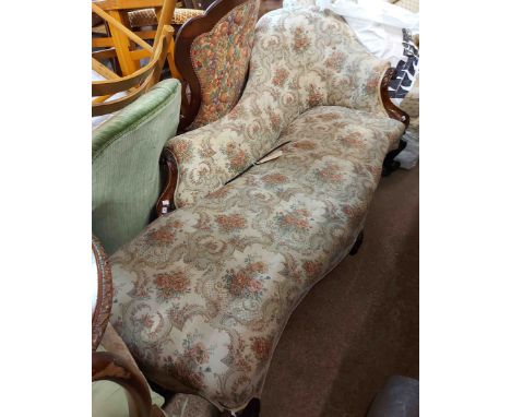 A 1.75m 19th Century mahogany part show frame chaise longue with tapestry upholstery, set on cabriole legs with casters