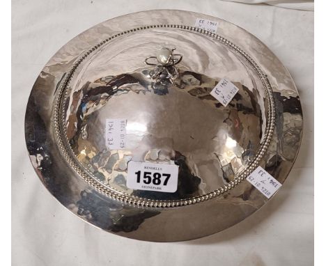 An Arts and Crafts silver plated water heated muffin dish in the style of C.R. Ashbee with ornate baroque pearl set finial an