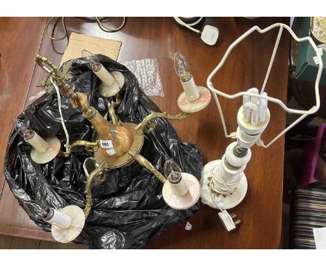 An onyx and brass five branch ceiling light - sold with a decorative alabaster table lamp