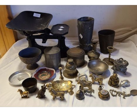 A box containing a quantity of assorted metalware including Liberty Tudric pewter vase (fatigued), cast brass animal figurine