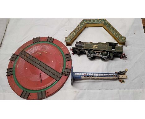 A box and a crate containing a quantity of Hornby tin plate '0' gauge railway including boxed and loose locomotives, goods wa