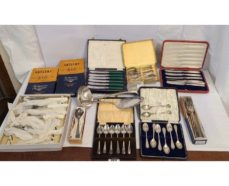 Two silver teaspoons and a cased set of silver handled tea knives - sold with a quantity of boxed and loose silver plated and