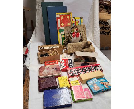 A bag containing a quantity of vintage toys and games including glamour playing cards, Patience card set in leather clad case