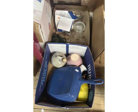 A box containing kitchenalia including a blue enamelled Le Creuset skillet - sold with a box containing a quantity of glasswa