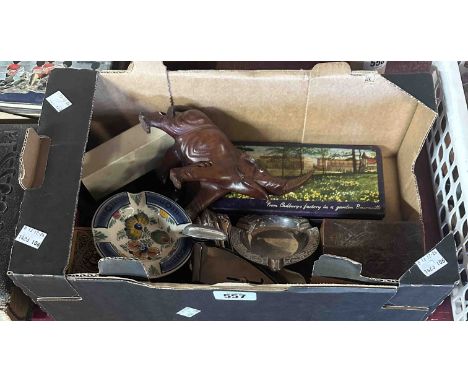 A small box containing a quantity of collectable items including three wooden elephants, a hand painted Dutch ceramic ashtray