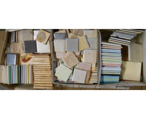 Three boxes containing a quantity of vintage ceramic tile samples including Pilkington, Candy, etc.