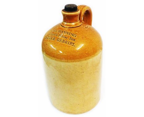 A small Powell Bristol stoneware flagon with impressed stamp mark for J.F Channing, Church House Inn, Stoke Gabriel