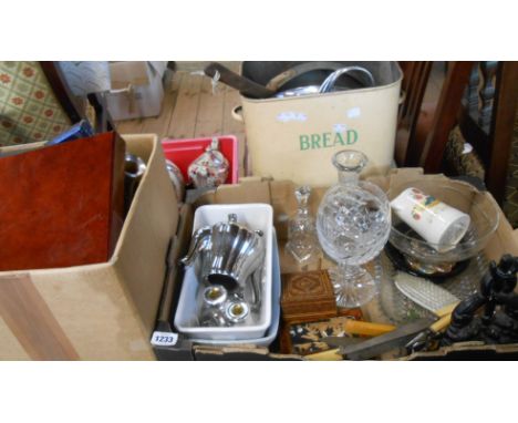 Two boxes containing a quantity of ceramics, glassware and other collectable items including decanters, wooden boxes, etc. - 