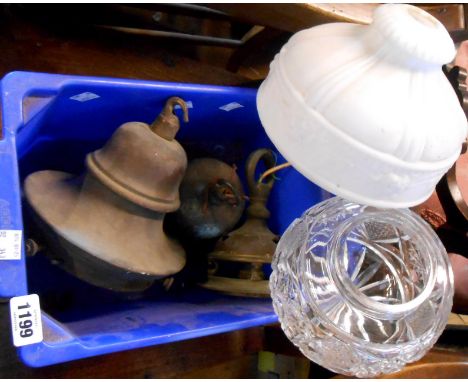 A crate containing three antique brass ceiling lamp fittings, an opaque white glass hanging lamp shade and cut glass table la