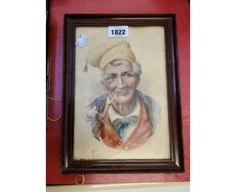 A framed antique watercolour portrait of a European gentleman smoking a pipe - indistinctly signed