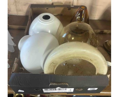 Three glass lamp shades and a white metal shade - sold with an amber coloured glass vase