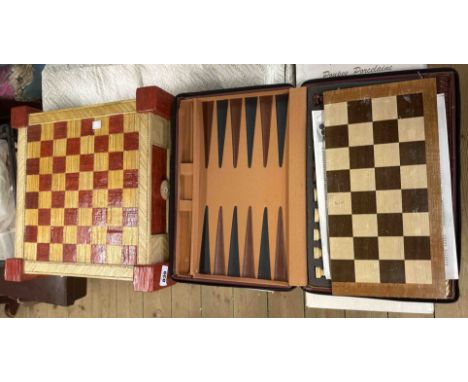 A games compendium set in a leather effect case containing wooden chessboard and chess set, drafts/backgammon counters, dice,