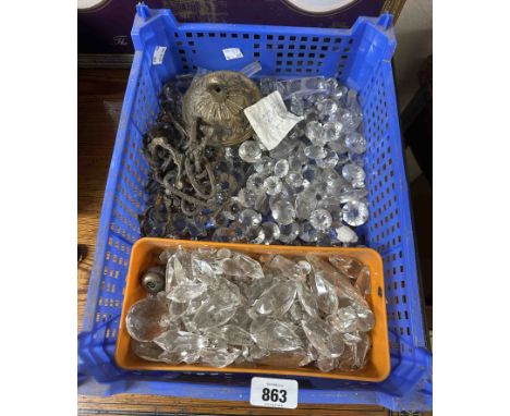 A crate containing a large quantity of chandelier lustre drops and other components - sold with a brass ceiling rose and chai