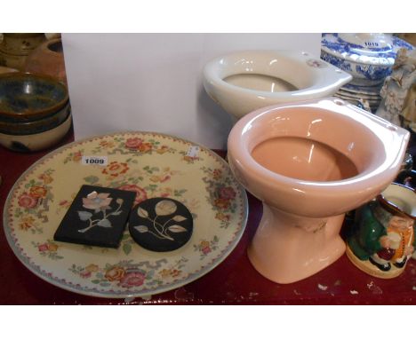 A Mason's Ironstone pottery charger with floral decoration - sold with two novelty miniature ceramic toilets and two mother-o