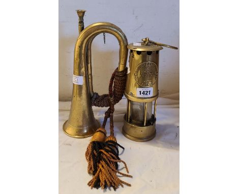 A vintage brass 'The Protector 6' miner's lamp - sold with a brass bugle