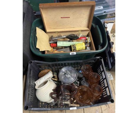 A box containing assorted tools - sold with a black crate containing a glass lemonade set, retro biscuit barrel, etc.