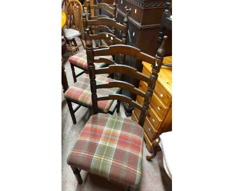 A set of six modern stained oak framed ladder back dining chairs with tartan upholstered seats, comprising four standard and 