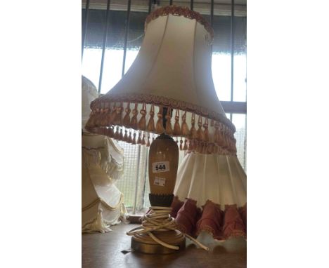 A small wood and brass lamp base and shade - sold with a vintage lampshade