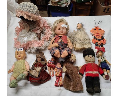 Three vintage dolls - sold with a box containing a quantity of dolls, glove puppet, etc.