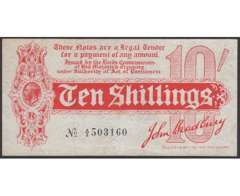 Treasury Series, John Bradbury, 10 Shillings, 14 August 1914, serial number A/2 503160, light stain on reverse, original nice