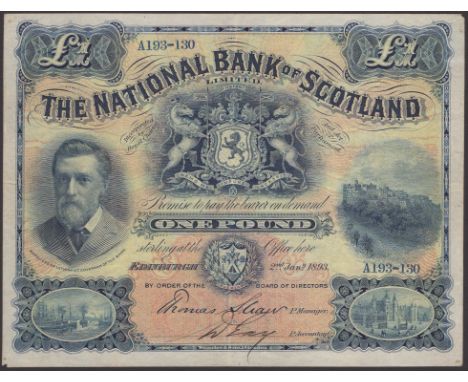National Bank of Scotland Limited, £1, 2 January 1893, serial number A193-130, printed T.Shaw signature on behalf of manager 