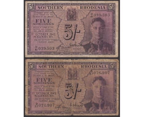 Southern Rhodesia Currency Board, 5 Shillings (2), 1 October 1945, serial numbers D/41 039503 and D/37 076907, Thornton and A