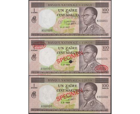 Banque Nationale du Congo, a set of specimen 100 Makuta (7), 24 November 1967, perforated SPECIMEN OF NO VALUE, 1 September 1