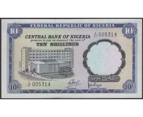 Central Bank of Nigeria, 10 Shillings, ND (1968), serial number A/67 005314, Isong and Adejoro signatures, one light central 